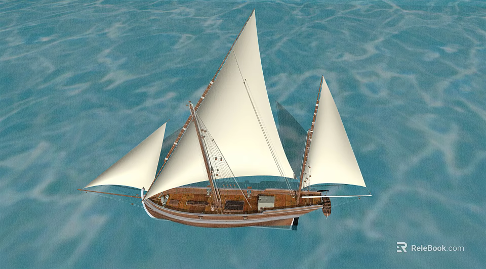 Traditional Wooden Sailing Boat With White Sails Floating On Calm Blue Water 3d model 
