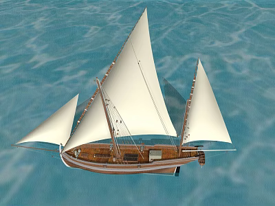 Traditional Wooden Sailing Boat With White Sails Floating On Calm Blue Water 3d model