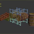 Wooden Wine Barrels On Metal Rack With Pallets And Storage