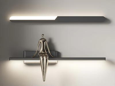 Modern Sleek Strip Wall Light With Metal Sculpture On Black Shelf And Soft Illuminated Wall 3d model