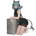 Woman With Cat Ears Teal Hair Headphones In Green Sleeveless Sweater Kneeling By White Cube