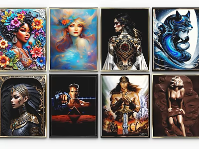Colorful Photo Wall Displaying Diverse Art Prints of Portraits Wolf and Fantasy Characters 3d model