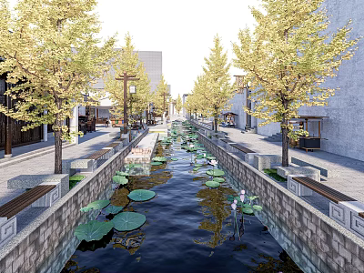 Traditional Commercial Street with Central Water Channel Lotus Leaves and Yellow Leaf Trees 3d model