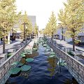 Traditional Commercial Street with Central Water Channel Lotus Leaves and Yellow Leaf Trees
