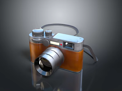 Vintage Style Electronic Camera with Orange Silver Body Leather Strap and Lens 3d model
