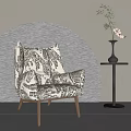 Stylish Patterned Accent Chair With Floral Vase On Side Table And Curved Metal Wall