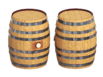 Two Ceramic Wine Barrel Vessels Featuring Wooden Texture Metal Hoops And Round Hole Design 3d model