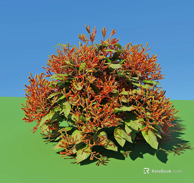 Vibrant Shrub with Green Leaves and Orange Flowers Against Blue Sky and Green Ground 3d model 