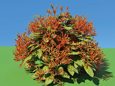 Vibrant Shrub with Green Leaves and Orange Flowers Against Blue Sky and Green Ground 3d model