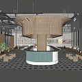 Modern Cafe Interior With Curved Wooden Ceiling Structure Teal Counter And Patterned Tiles