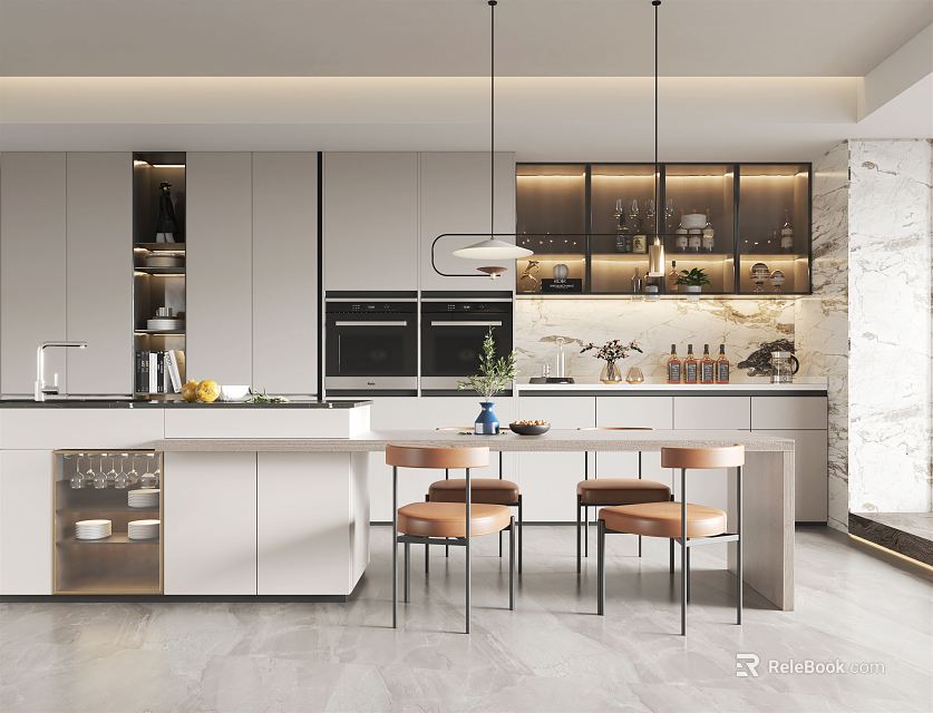 Modern Restaurant Kitchen Interior With Open Design White Cabinets And Marble Island 3d model 