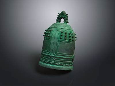 Ancient Bronze Musical Instrument Bell With Decorative Top Intricate Carvings And Green Patina 3d model