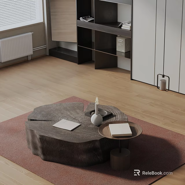 Natural Wooden Round Coffee Table Set With Tray Notebooks Candle On Red Rug 3d model 