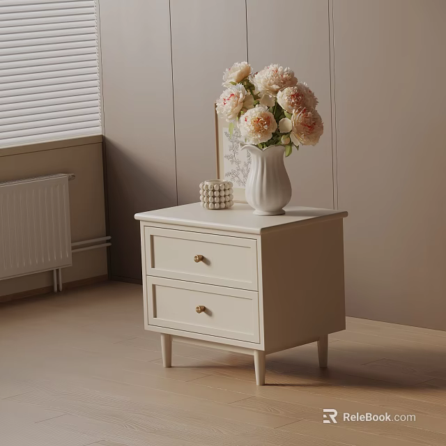 Cozy White Bedside Table With Two Drawers Gold Handles And Pink Flowers In Vase 3d model 
