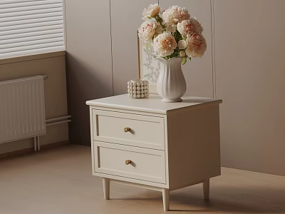 Cozy White Bedside Table With Two Drawers Gold Handles And Pink Flowers In Vase 3d model