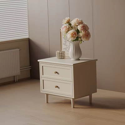 Cozy White Bedside Table With Two Drawers Gold Handles And Pink Flowers In Vase 3d model