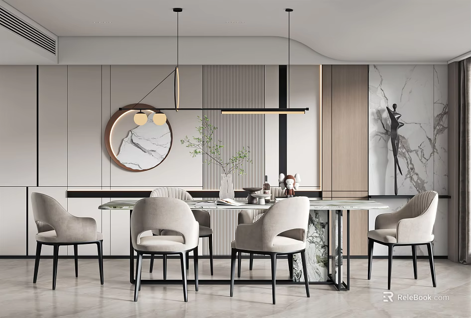 Modern Restaurant Interior With Open Design Marble Dining Table Chairs And Pendant Lights 3d model