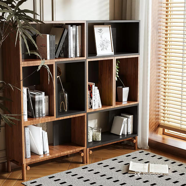 Modern Wooden Bookcase With Shelves Books Decorative Items And Potted Plant By Window Blinds 3d model 