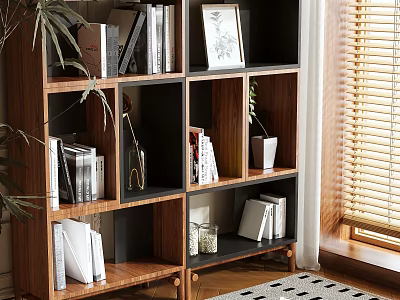Modern Wooden Bookcase With Shelves Books Decorative Items And Potted Plant By Window Blinds 3d model