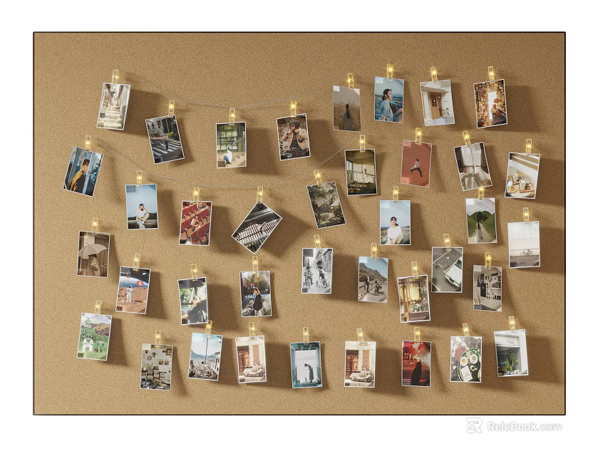 Photo Wall Display On Corkboard With Clothespins String Lights And 3d model
