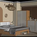 Modern Wooden Double Bed In Cozy Bedroom With Bedside Table Pendant Light And Wardrobe