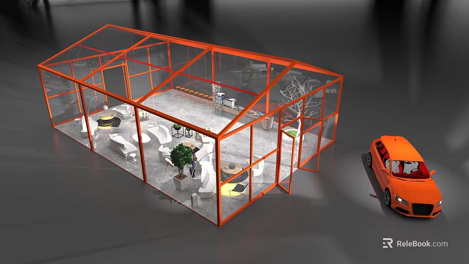 Glass Building With Orange Frame Interior Tables Chairs Plants And Nearby Orange Car 3d model 