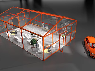 Glass Building With Orange Frame Interior Tables Chairs Plants And Nearby Orange Car 3d model
