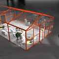 Glass Building With Orange Frame Interior Tables Chairs Plants And Nearby Orange Car