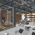 Industrial Style Café Interior With Brick Wall Hanging Pendant Lights Gray Sofa And Staircase