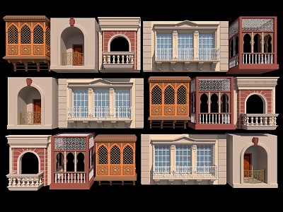 Various Styles of Balconies and Windows in Architectural Building Facade Design 3d model