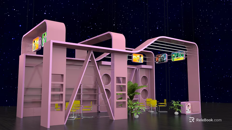 Pink Exhibition Space With Bookshelves Yellow Chairs Plants Posters And Starry Background 3d model 
