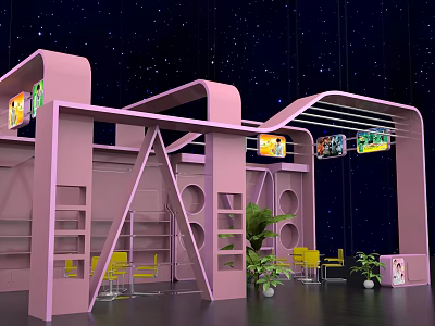 Pink Exhibition Space With Bookshelves Yellow Chairs Plants Posters And Starry Background 3d model