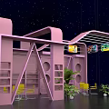 Pink Exhibition Space With Bookshelves Yellow Chairs Plants Posters And Starry Background