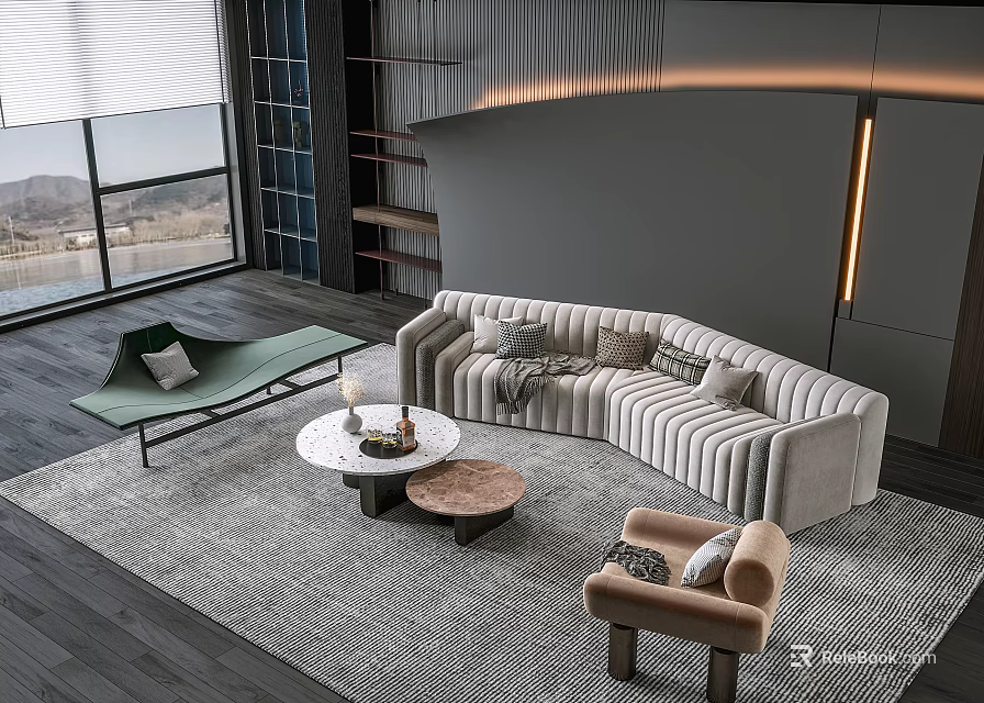 Modern Living Room Interior With Striped Curved Sofa And Round Coffee Table Set 3d model 
