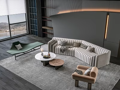 Modern Living Room Interior With Striped Curved Sofa And Round Coffee Table Set 3d model