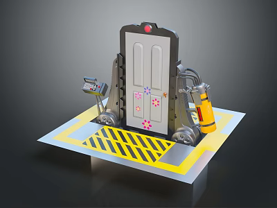 Industrial Metal Gate With Control Console Mechanical Arms And Yellow Warning Stripes Platform 3d model