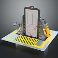 Industrial Metal Gate With Control Console Mechanical Arms And Yellow Warning Stripes Platform