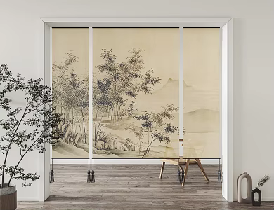 New Chinese Curtain Gauze Curtain Roller Shutter Partition 3d model