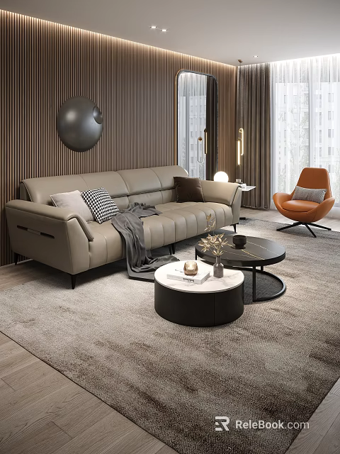 Light Gray Sofa And Coffee Tables With Pillows Blanket Orange Armchair Round Wooden Wall 3d model 