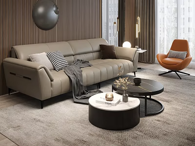 Light Gray Sofa And Coffee Tables With Pillows Blanket Orange Armchair Round Wooden Wall 3d model