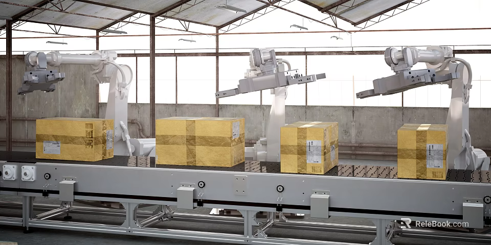 Industrial Automated Warehouse Robotic Arms Handling Boxes On Conveyor Belt 3d model 