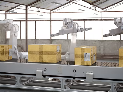 Industrial Automated Warehouse Robotic Arms Handling Boxes On Conveyor Belt 3d model