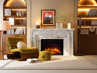 Cozy Living Room Interior With Marble Fireplace Flames Built In Bookshelves Green Armchair And Ottoman 3d model