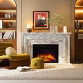Cozy Living Room Interior With Marble Fireplace Flames Built In Bookshelves Green Armchair And Ottoman