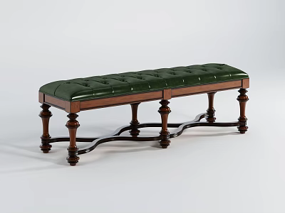 Green Upholstered Bench With Wooden Legs And Classic Design Details 3d model