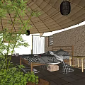 Hotel Room With Thatched Roof Wooden Bed Green Plants Stone Wall And Tiled Floor