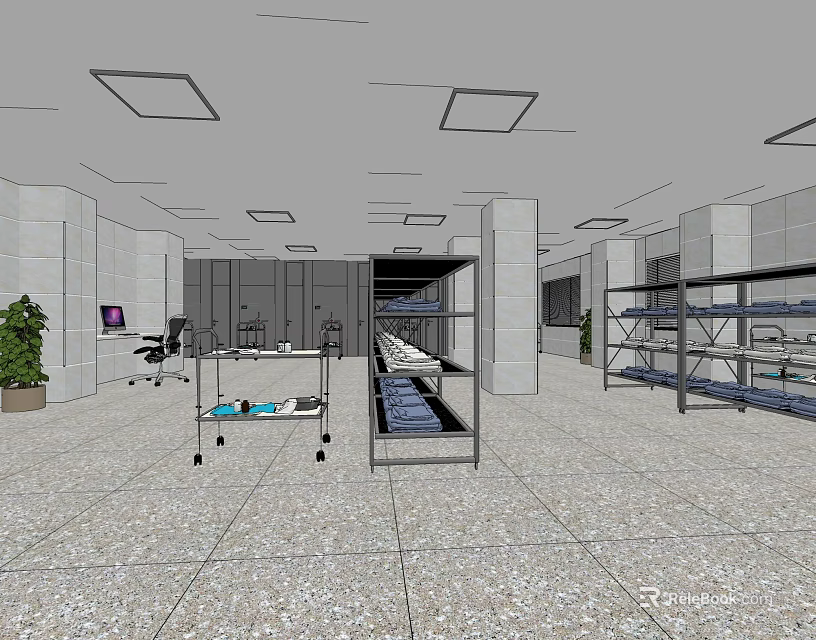 Elevator Corridor Interior With Metal Shelves Trolleys Tile Floor And Ceiling Lights 3d model