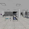 Elevator Corridor Interior With Metal Shelves Trolleys Tile Floor And Ceiling Lights 3d model