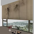 Beige Roller Blinds With Ink Patterns And Lake Mountain View By Windowsill Vase Tea Set 3d model