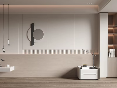 Modern Accent Wall Interior Design With Circular Decor Striped Patterns And Side Cabinet 3d model